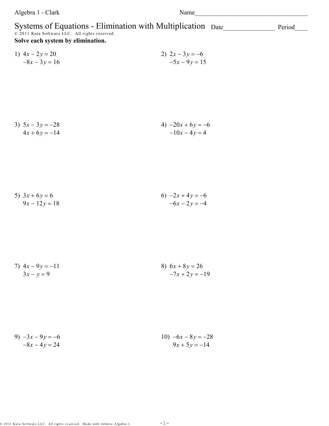 Algebra 20 - Clark - Systems of Equations - Elimination with In Solving System By Elimination Worksheet