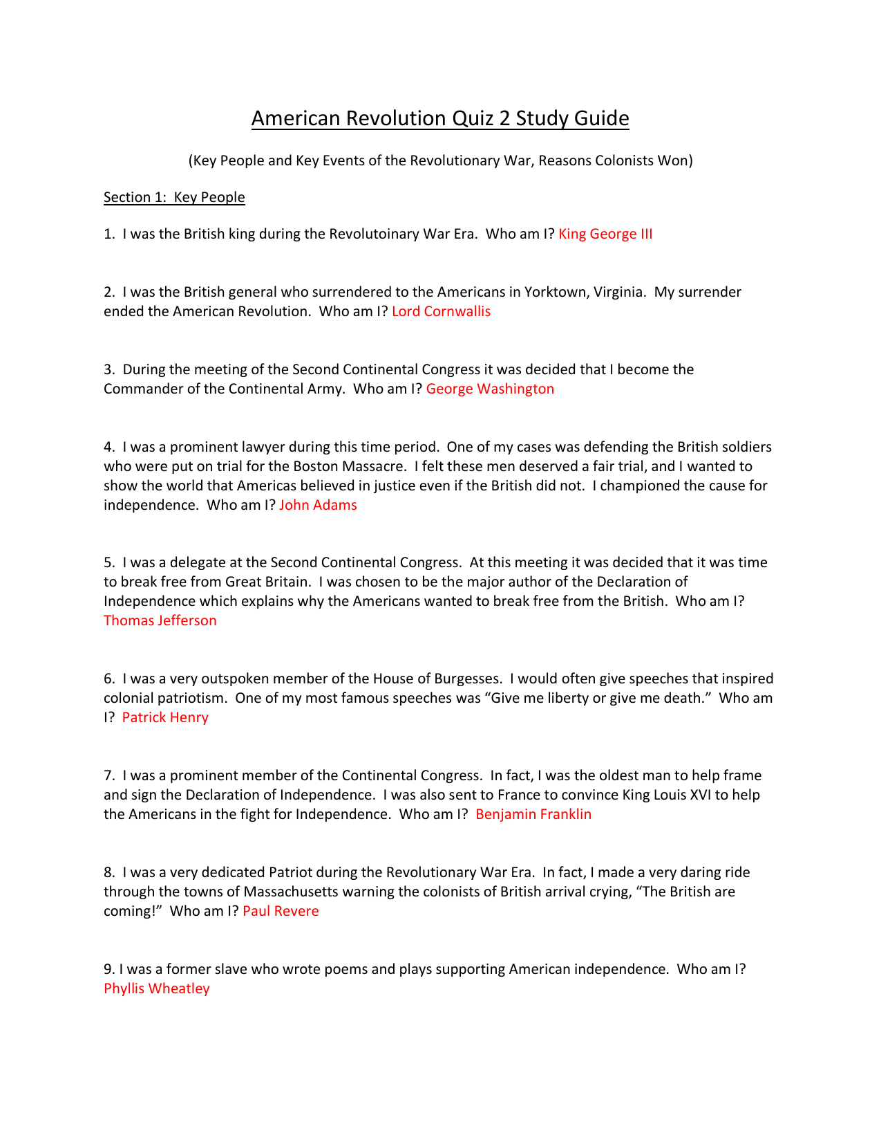 American Revolution Quiz 2 Study Guide