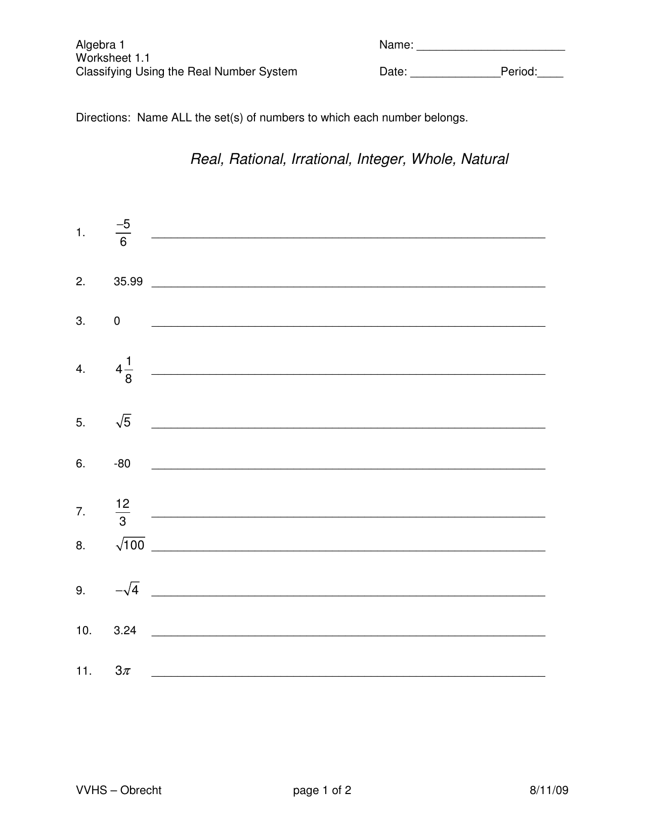 Number System Worksheet With Answers Pdf