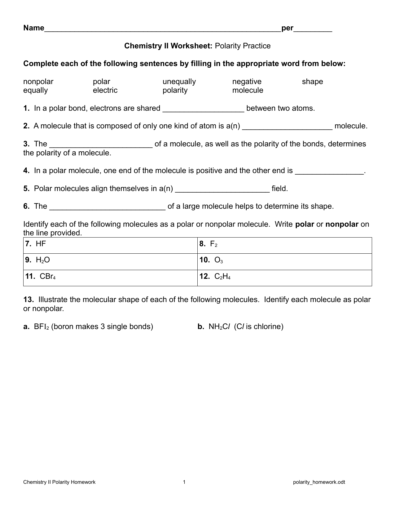 Chemistry II Polarity Homework With Worksheet Polarity Of Bonds Answers