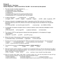 Biology 20 Lecture Quiz #3 – Take Home Cellular Respiration