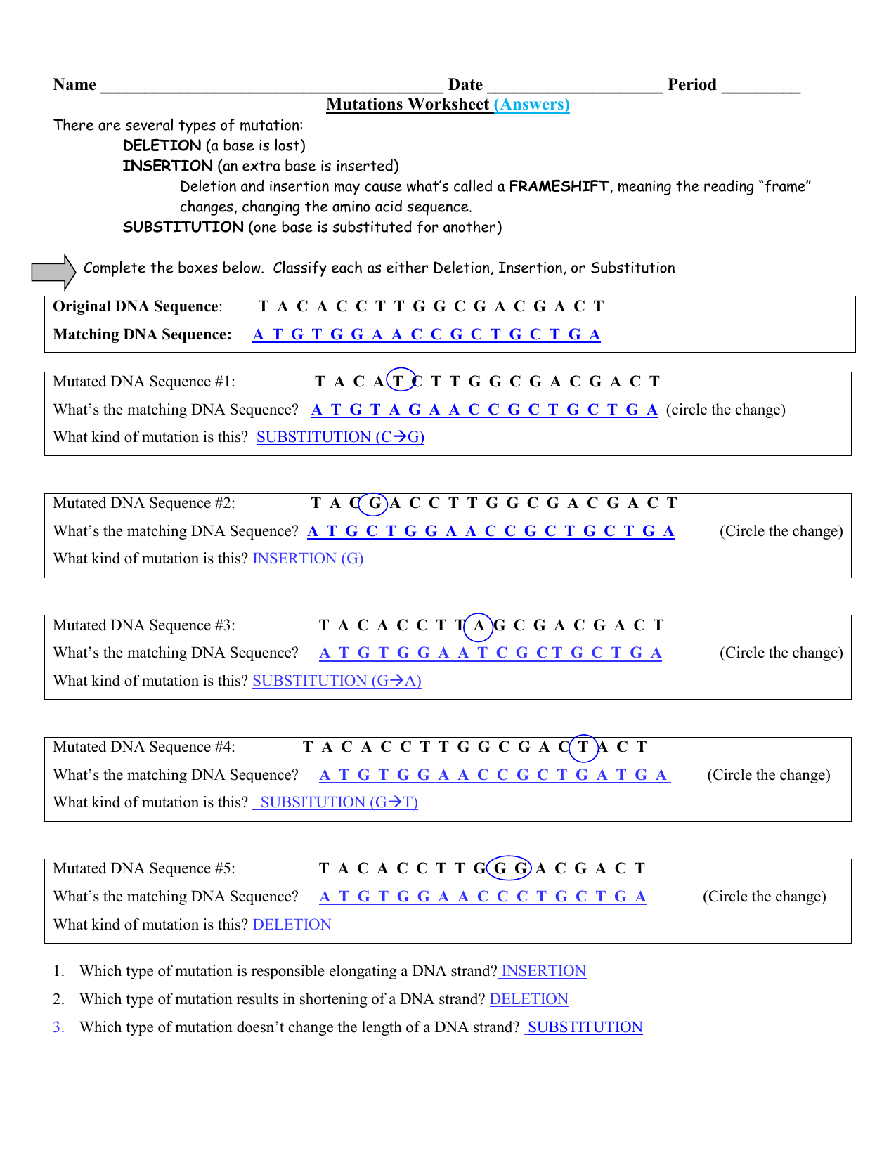 Mutation Answers - guertinscience.info Intended For Mutations Worksheet Answer Key