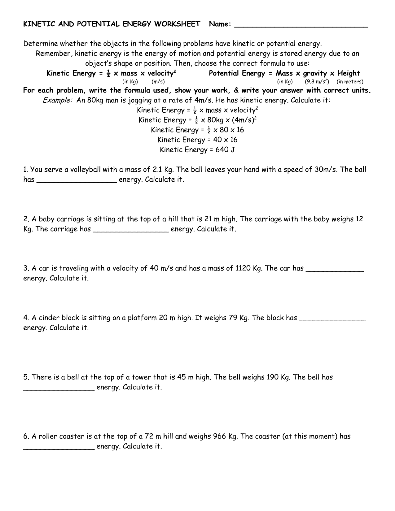 Potential And Kinetic Energy Calculation Worksheet  www Pertaining To Potential Versus Kinetic Energy Worksheet