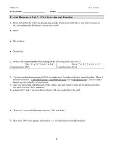 Pre-lab Homework Lab 3: DNA Structure and Function