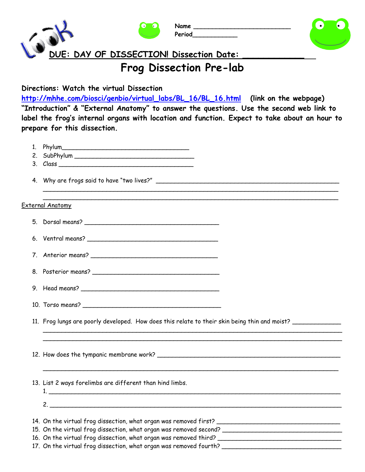 Frog Dissection Worksheet With Frog Dissection Pre Lab Worksheet