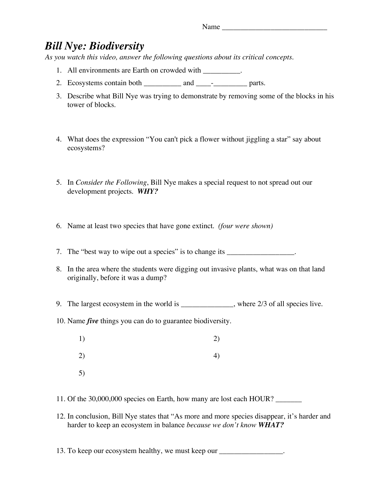 Bill Nye: Biodiversity Inside Bill Nye Biodiversity Worksheet Answers