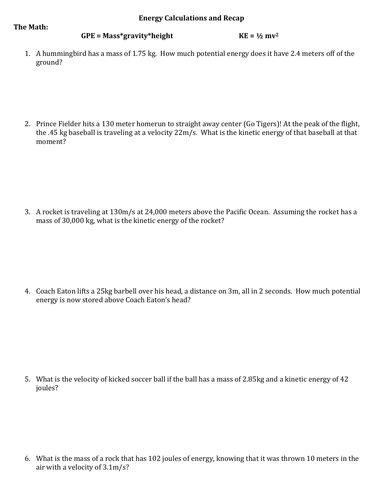 Energy Calculations and Recap The Math With Kinetic And Potential Energy Worksheet