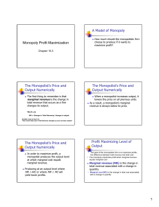 Monopoly Profit Maximization A Model of Monopoly The