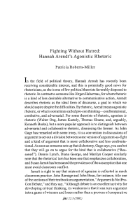 Fighting Without Hatred: Hannah Arendt`s Agonistic