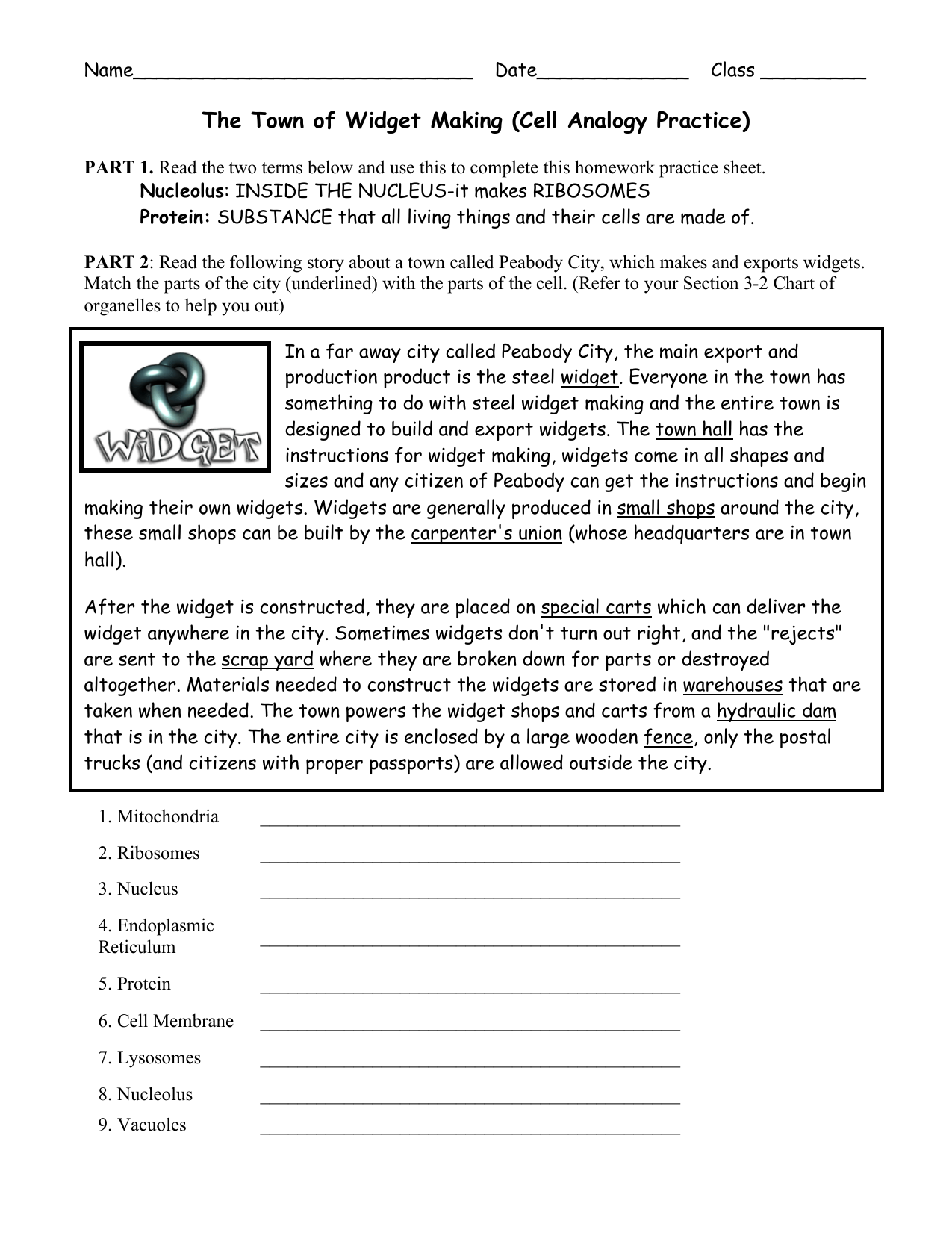 The Town of Widget Making (Cell Analogy Throughout Cell City Analogy Worksheet Answers