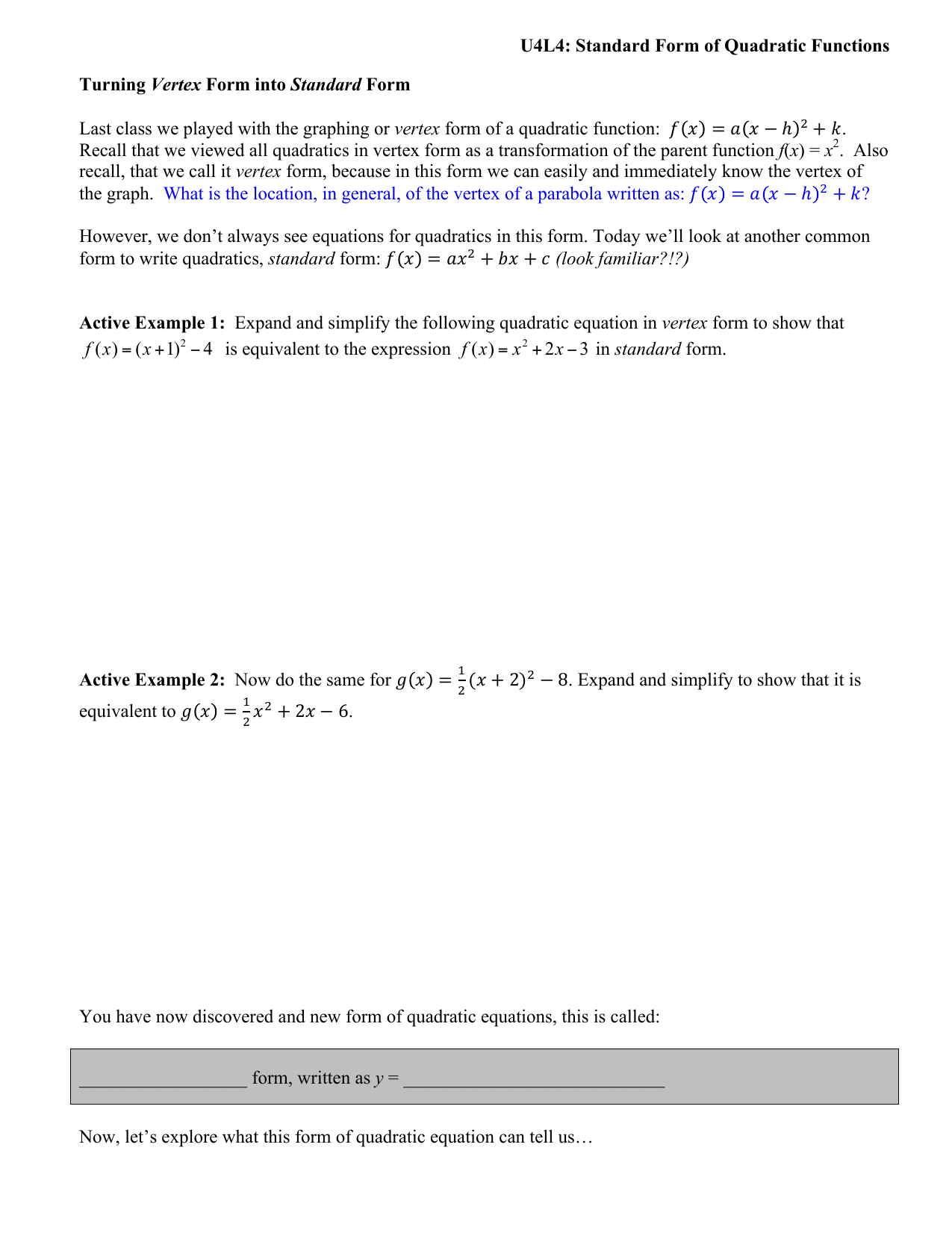 U4l4 Standard Form Of Quadratic Functions Turning Vertex Form