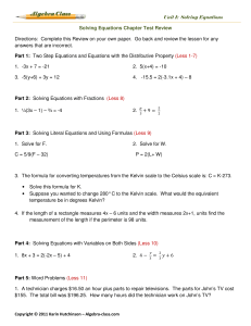 Solving Equations Chapter Test Review Directions: Complete this
