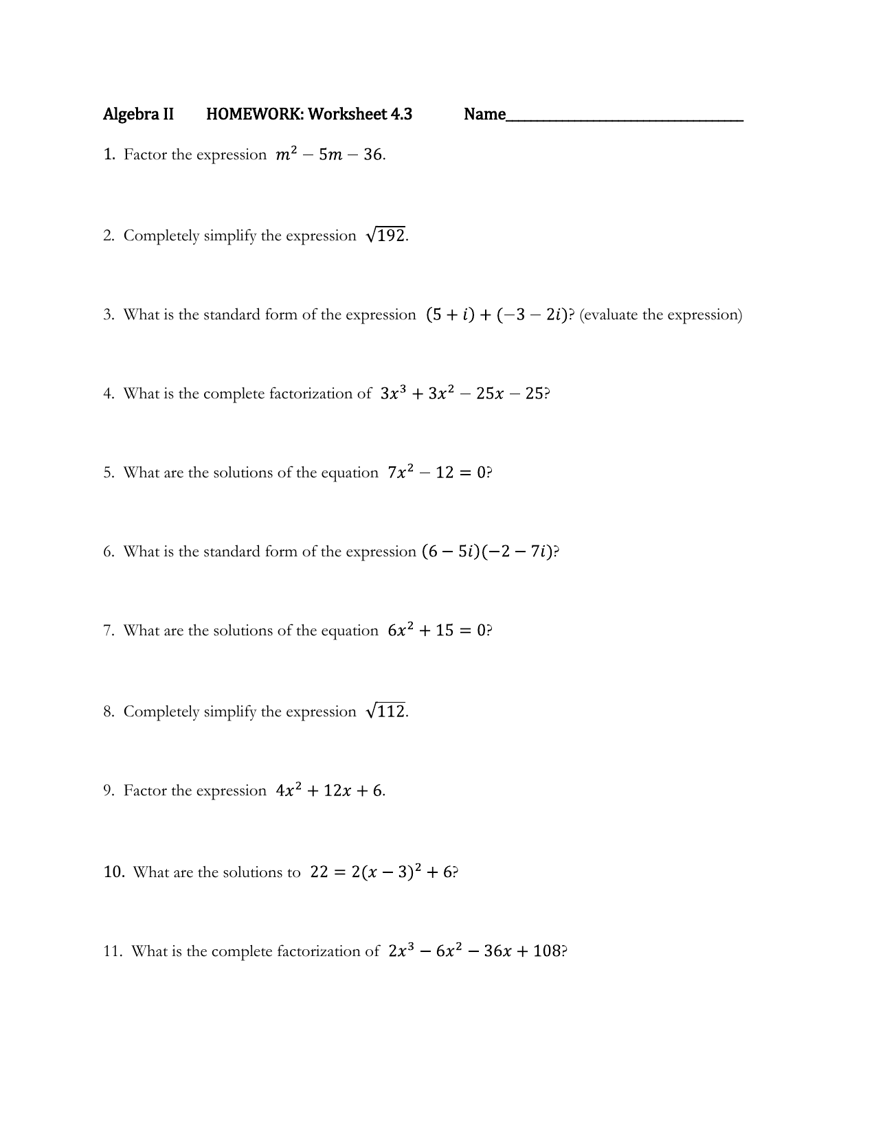 Algebra II HOMEWORK: Worksheet 20.20 Within Algebra 2 Factoring Worksheet
