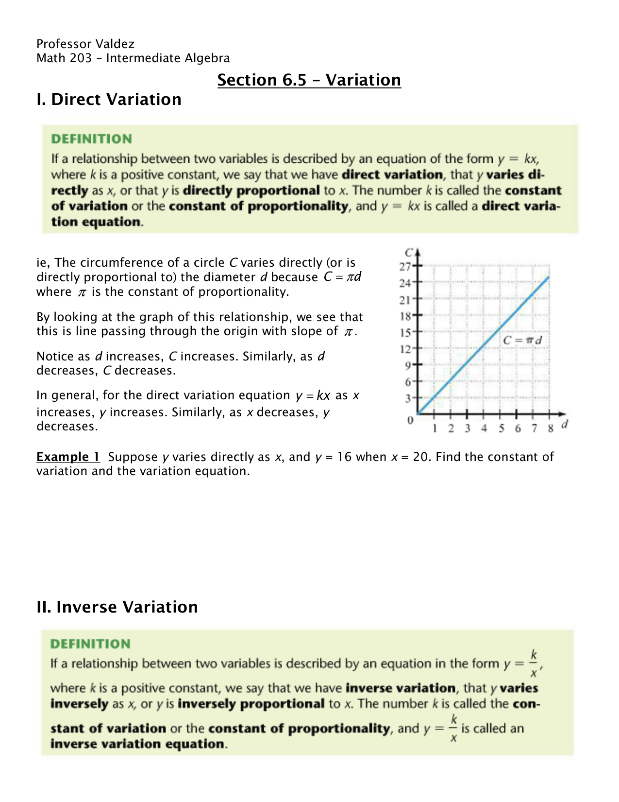 Section 6 5 Variation I Direct Variation Ii Inverse Variation Section 6 5 Variation I Direct Variation Ii Inverse Variation