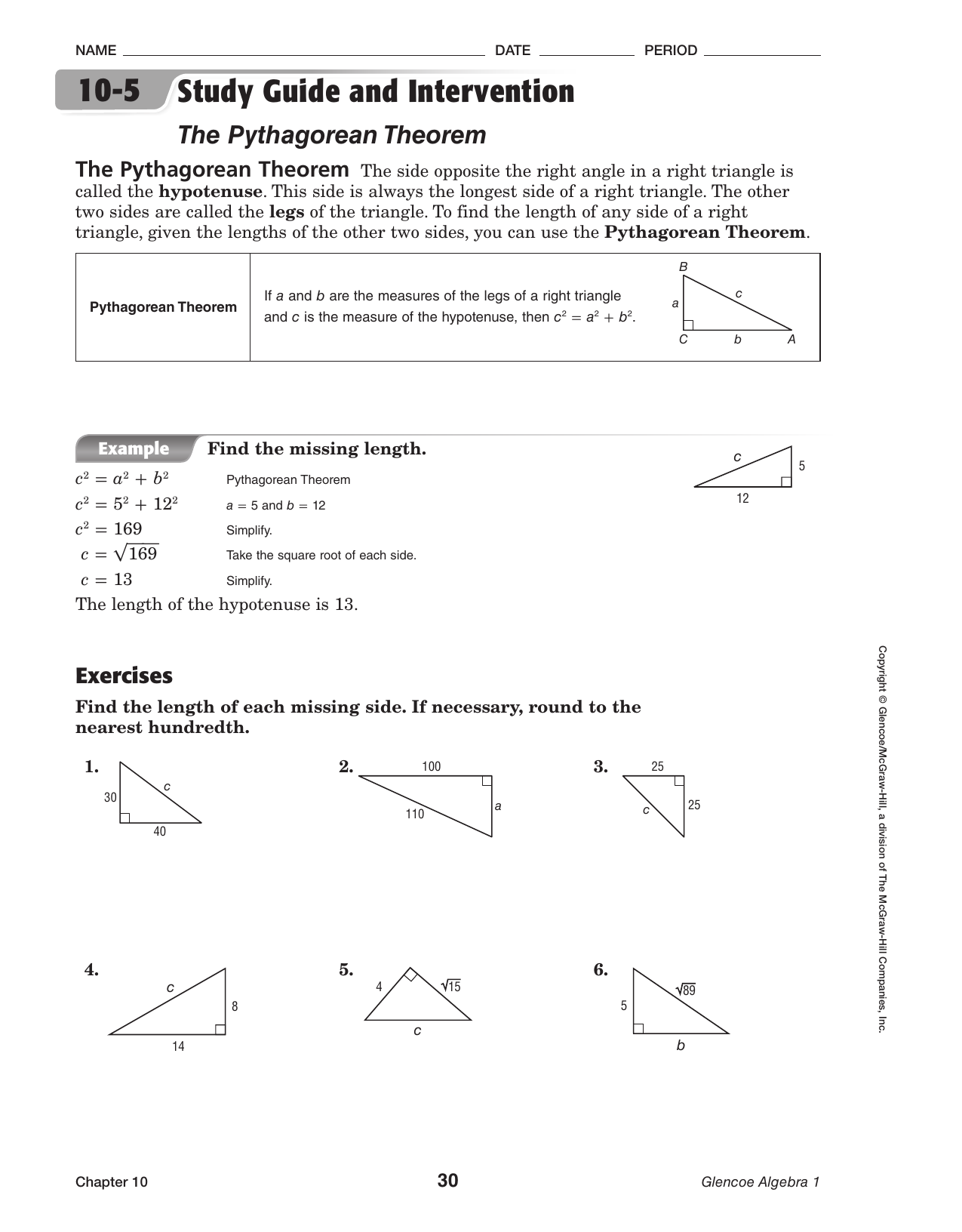 10 4 Study Guide And Intervention The Pythagorean Theorem