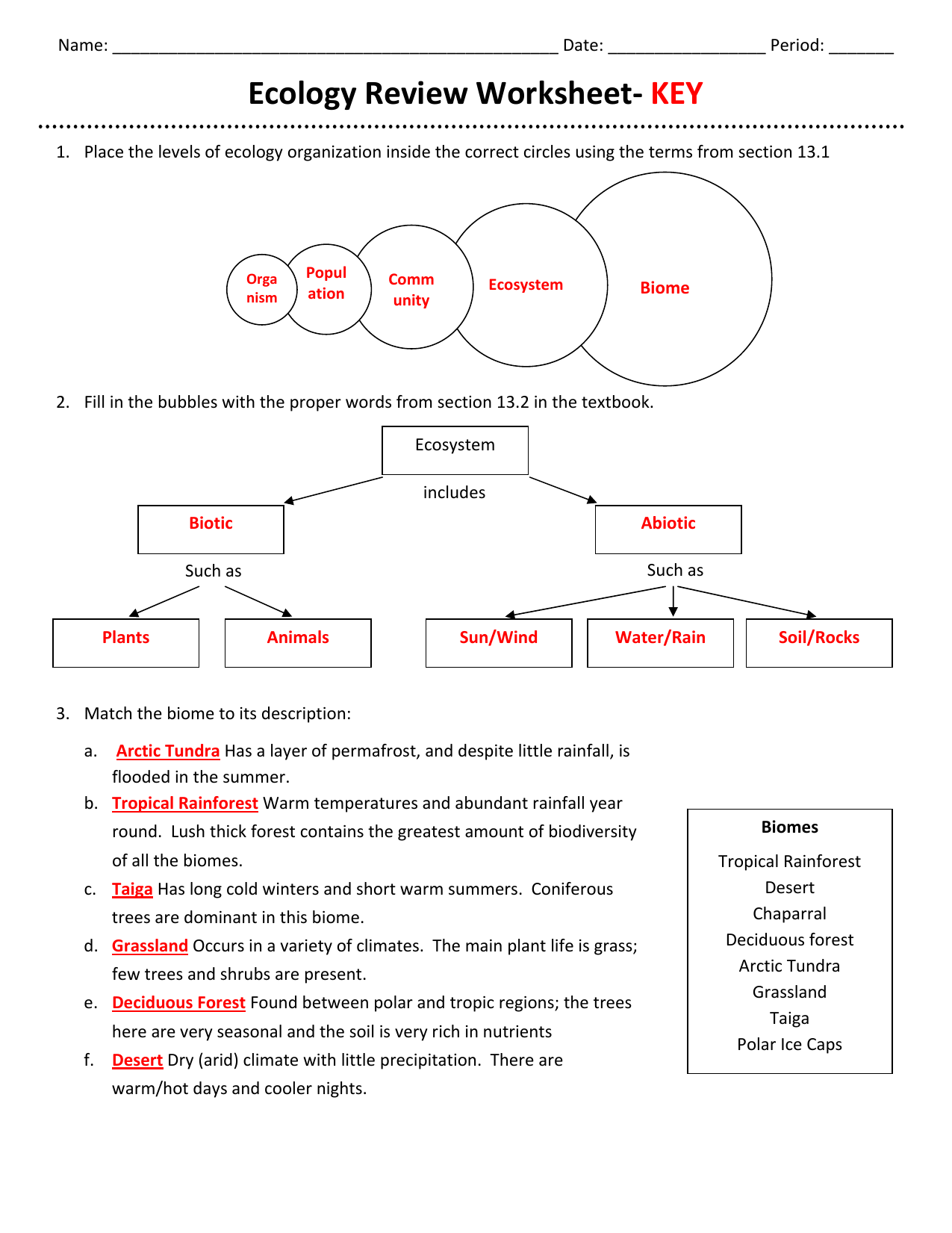 Ecology Review Worksheet- KEY In Ecology Review Worksheet 1