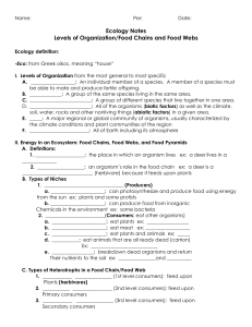 Ecology Notes Levels of Organization/Food Chains and Food Webs