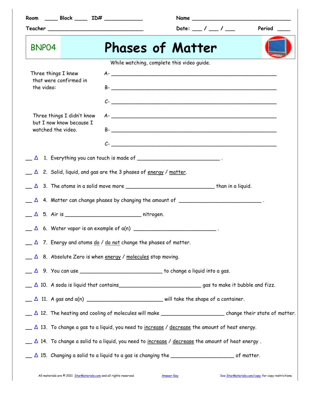 Phases of Matter - Bill Nye the Science Guy Wkst For Bill Nye Atoms Worksheet Answers