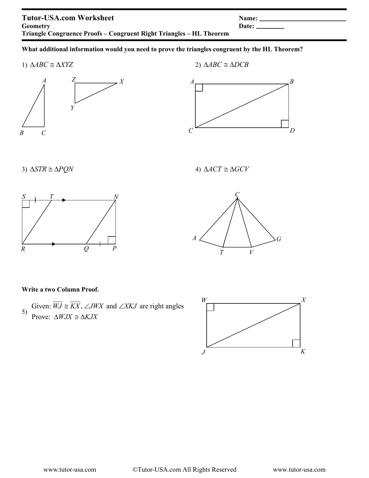PDF file - Tutor-USA In Triangle Congruence Proofs Worksheet