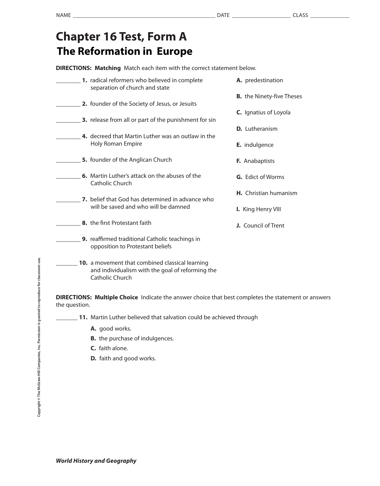 Chapter 22 Test, Form A cont. Intended For Protestant Reformation Worksheet Answers