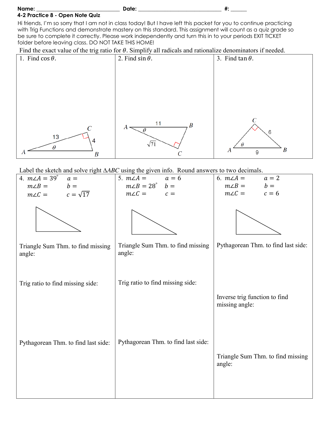 Practice Worksheet: Right Triangle Trigonometry Find the exact For Right Triangle Trig Worksheet Answers