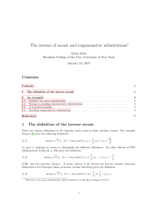 The inverse of secant and trigonometric substitutions