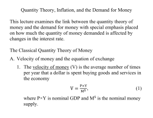 Quantity Theory, Inflation, and the Demand for Money This lecture