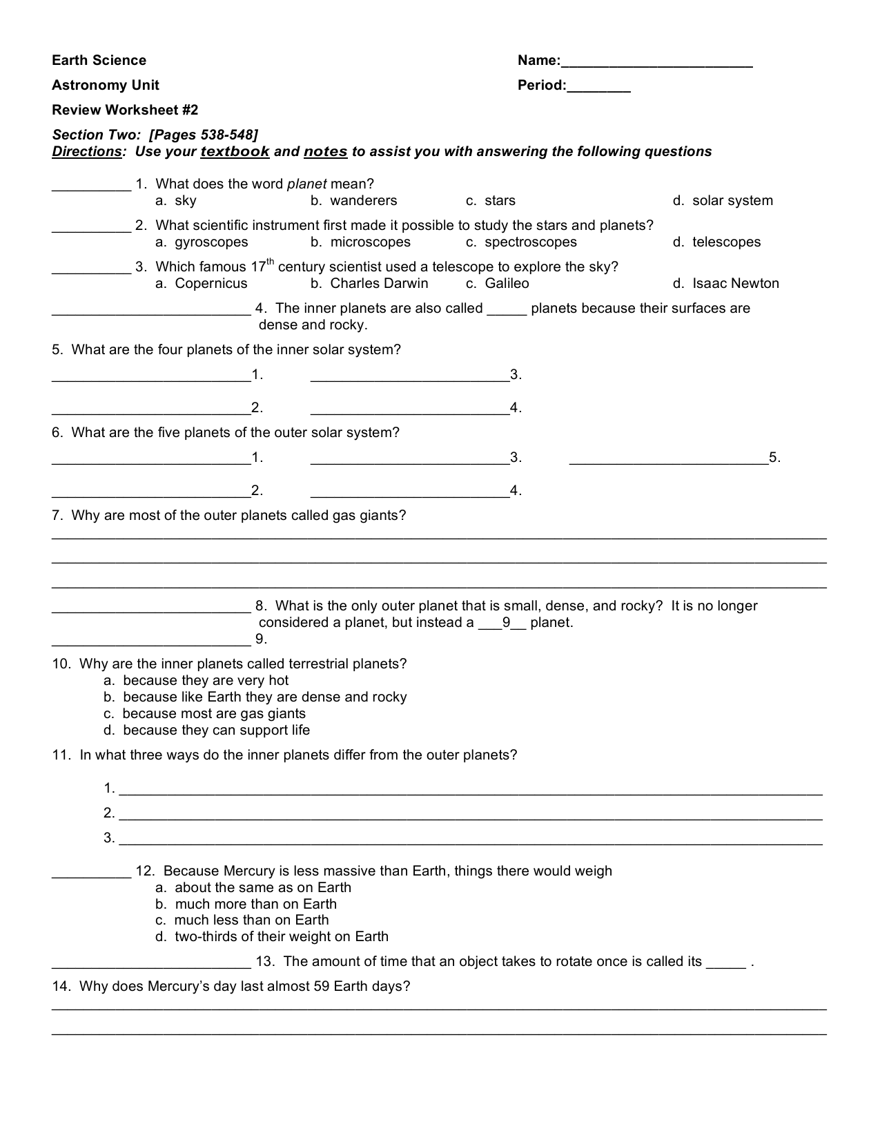 Astronomy Review Worksheet 2