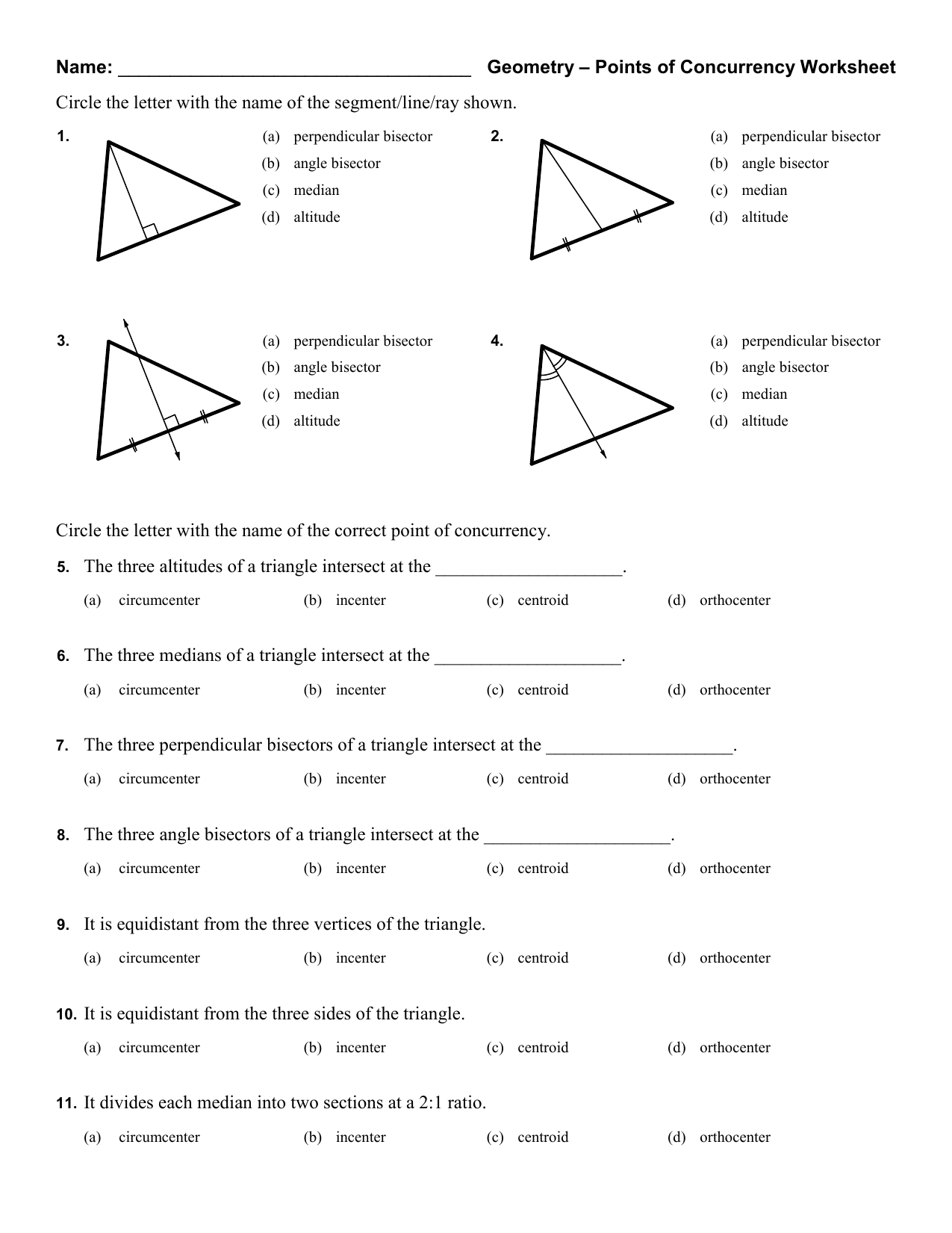 Name: Geometry – Points of Concurrency Worksheet Circle the letter Inside Points Of Concurrency Worksheet Answers