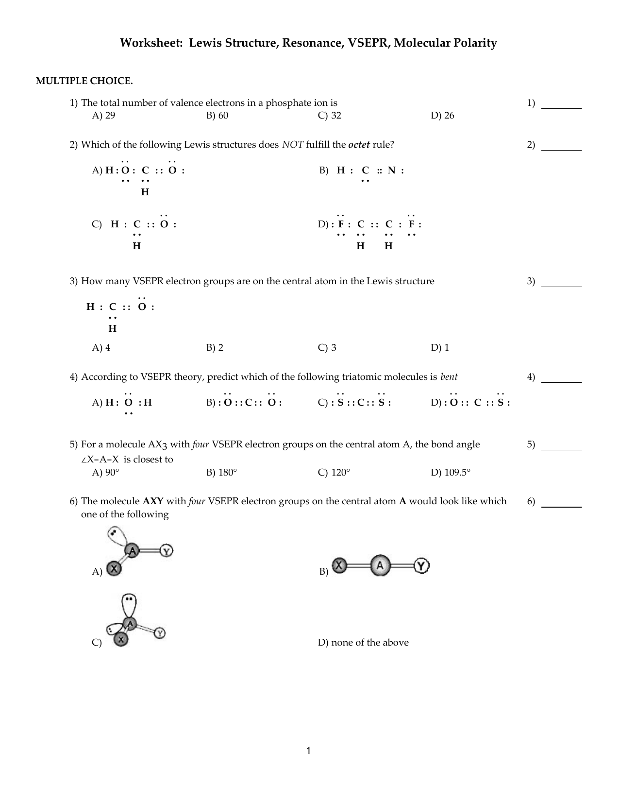 Worksheet: Lewis Structure, Resonance, VSEPR, Molecular Polarity Regarding Lewis Structure Worksheet With Answers