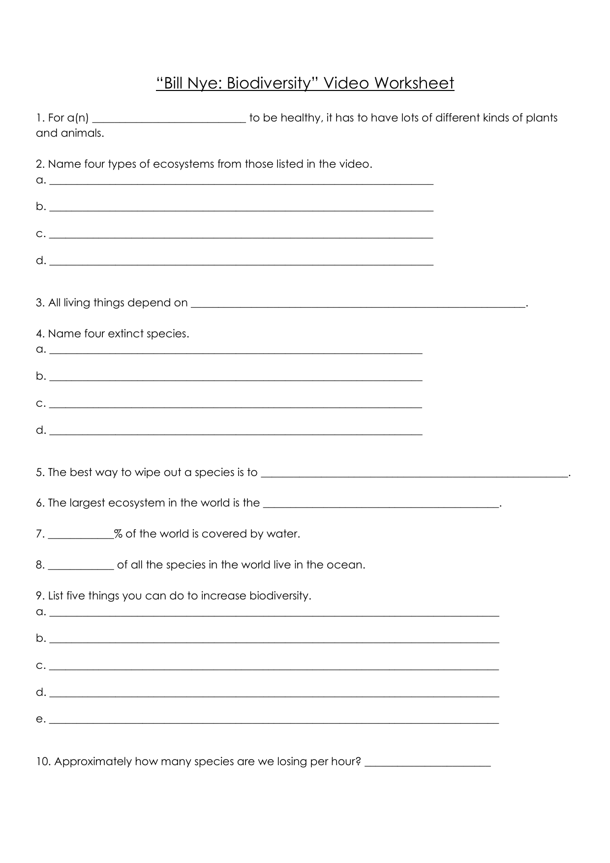 Bill Nye Biodiversity Video Worksheet Intended For Bill Nye Biodiversity Worksheet Answers