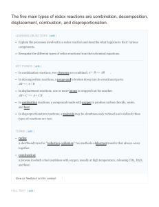 The five main types of redox reactions are combination