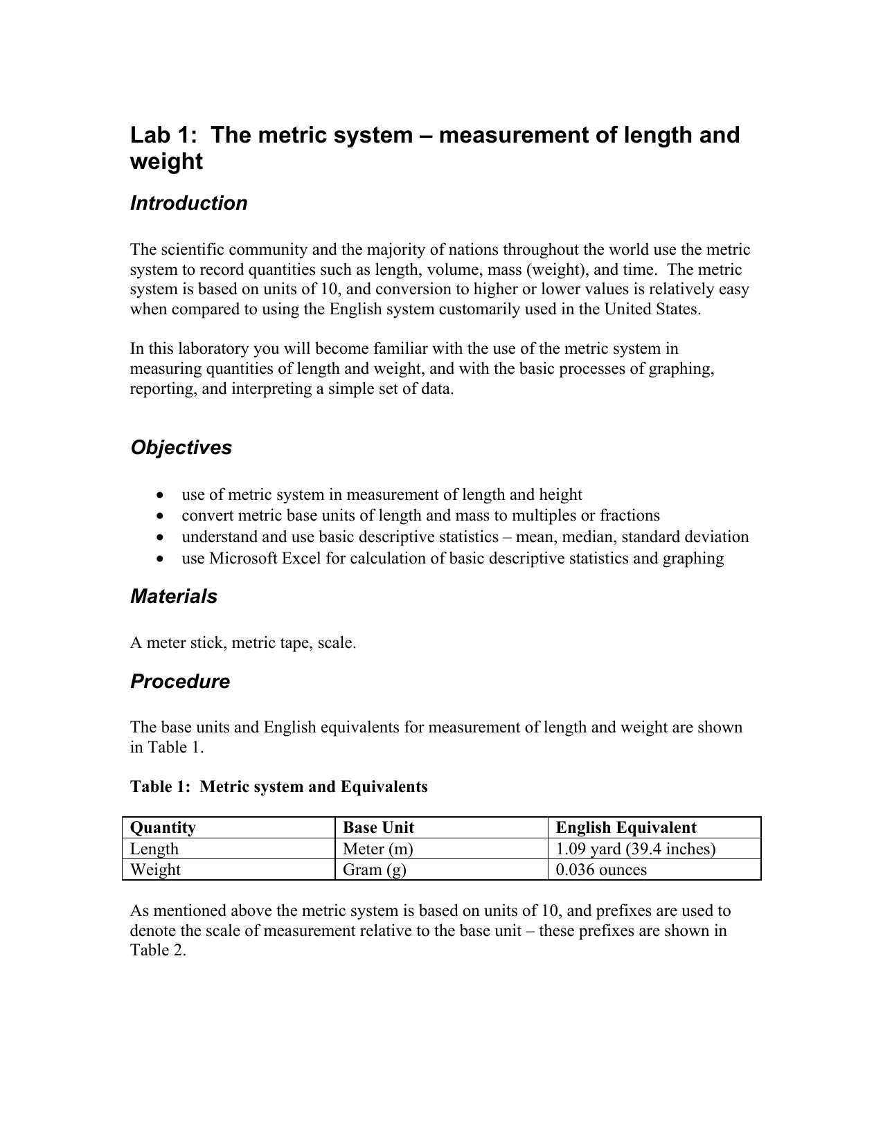 lab 1 the metric system measurement of length and weight weight metric unit