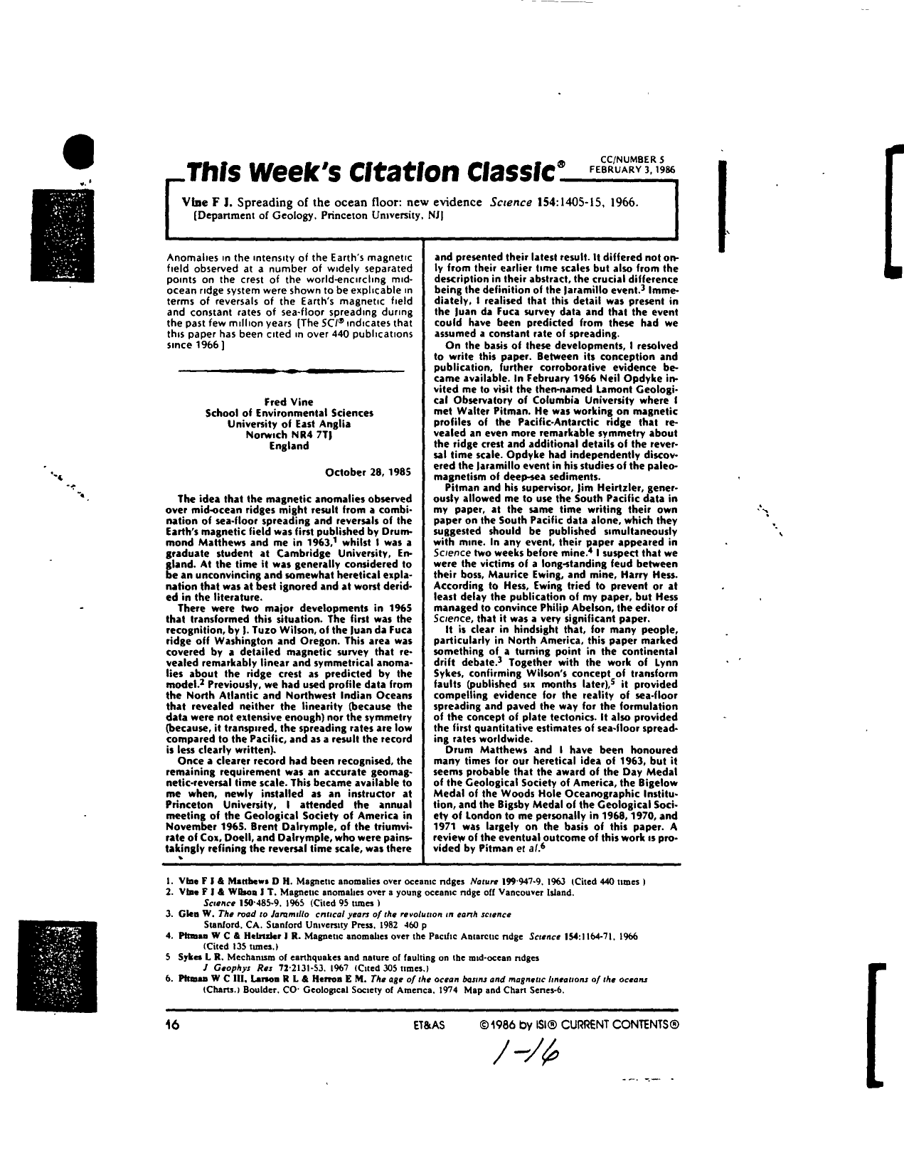 Vine Fj Spreading Of The Ocean Floor New Evidence Science 154