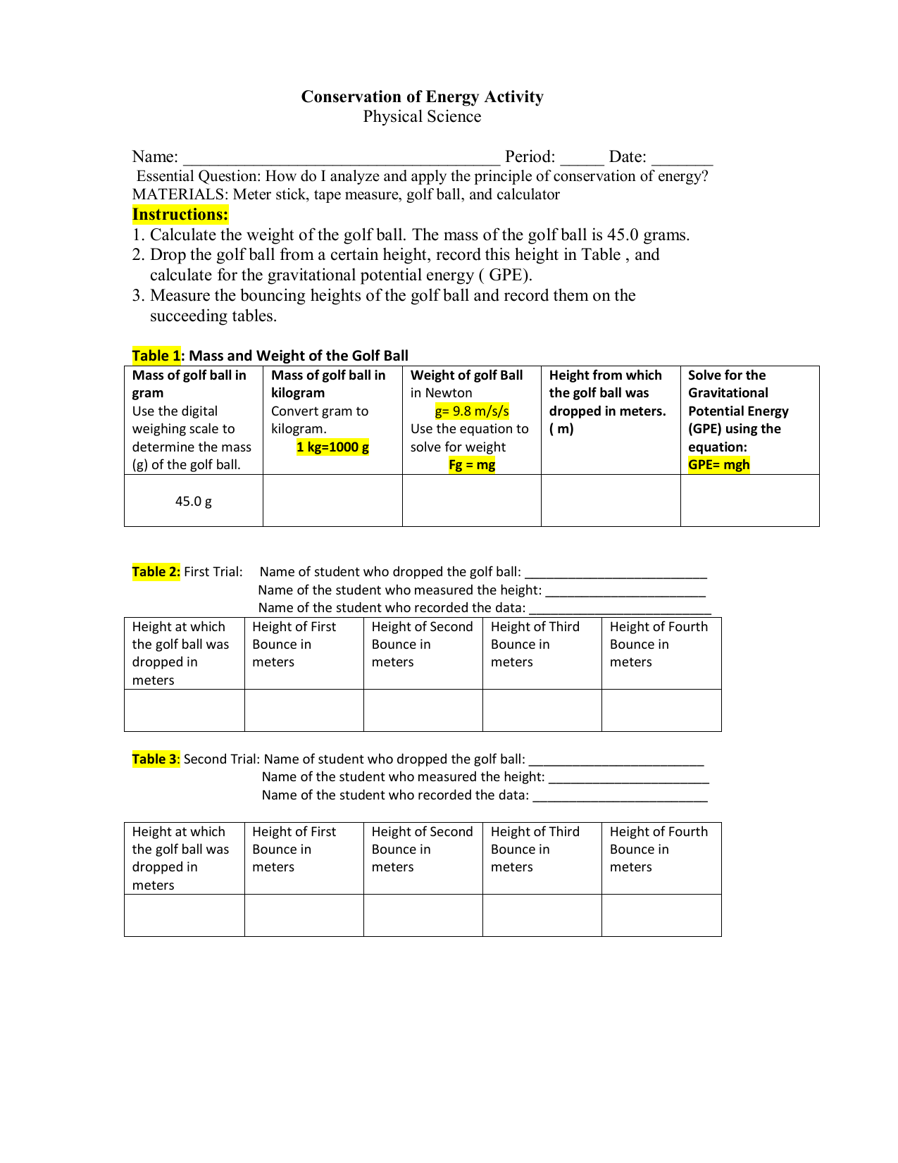 Conservation Of Energy Activity