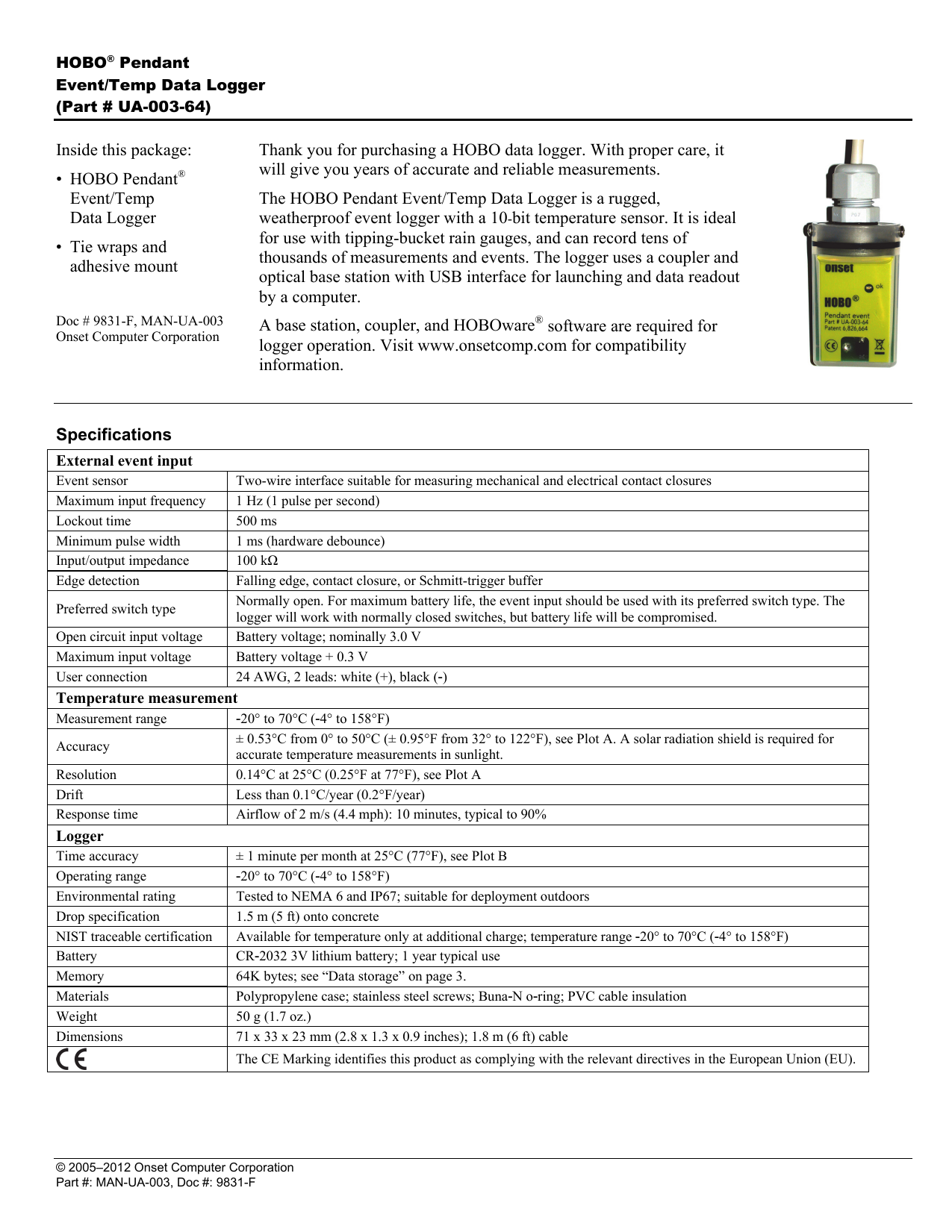 Hobo Pendant Event Temp Data Logger Part