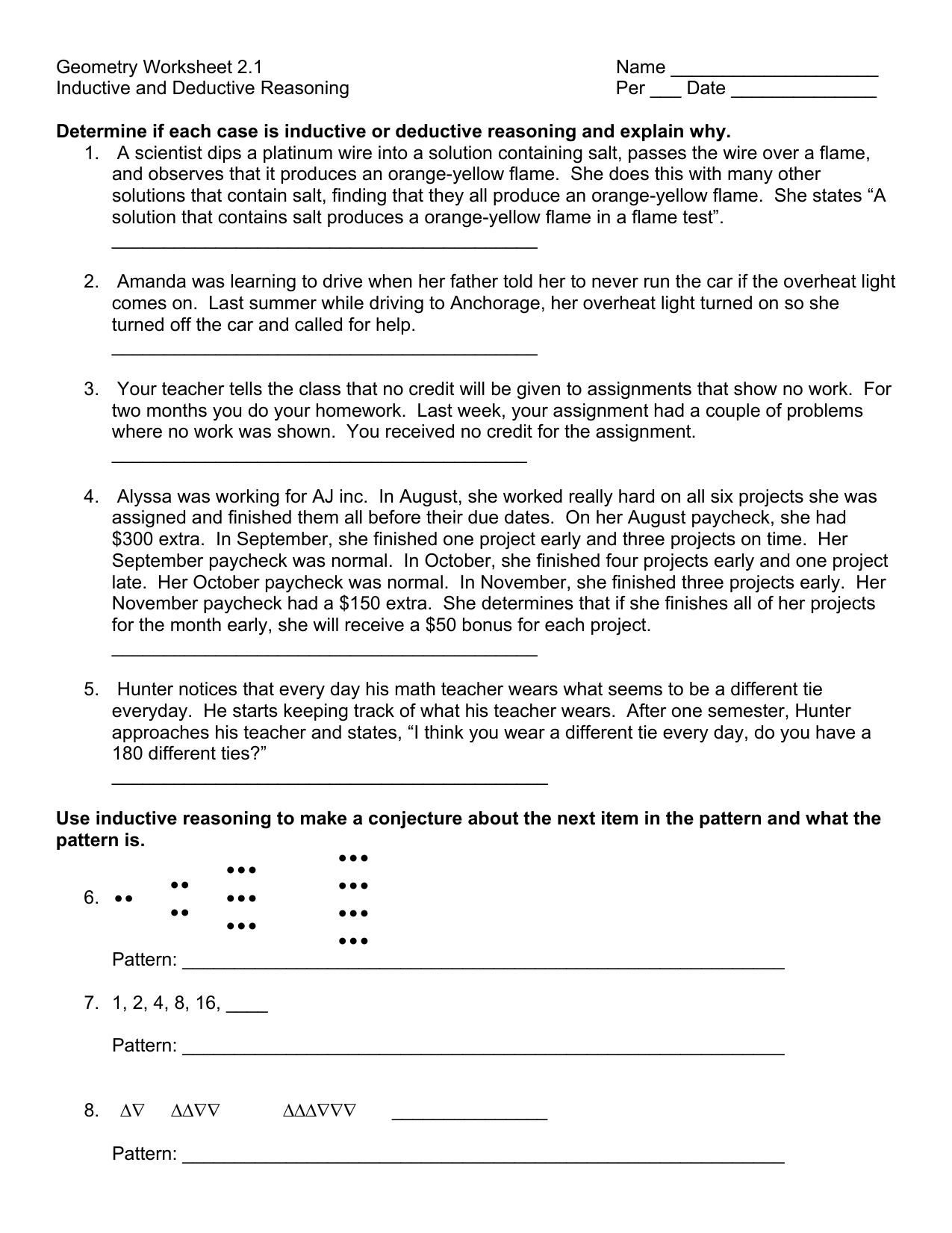Geometry Worksheet 1111.11 Name Inductive and Deductive Reasoning With Inductive And Deductive Reasoning Worksheet