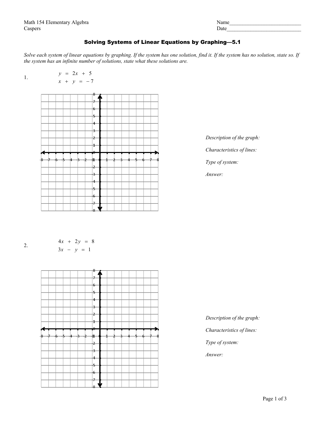 Solving Systems of Linear Equations by Graphing Worksheet Inside Systems Of Equations Graphing Worksheet