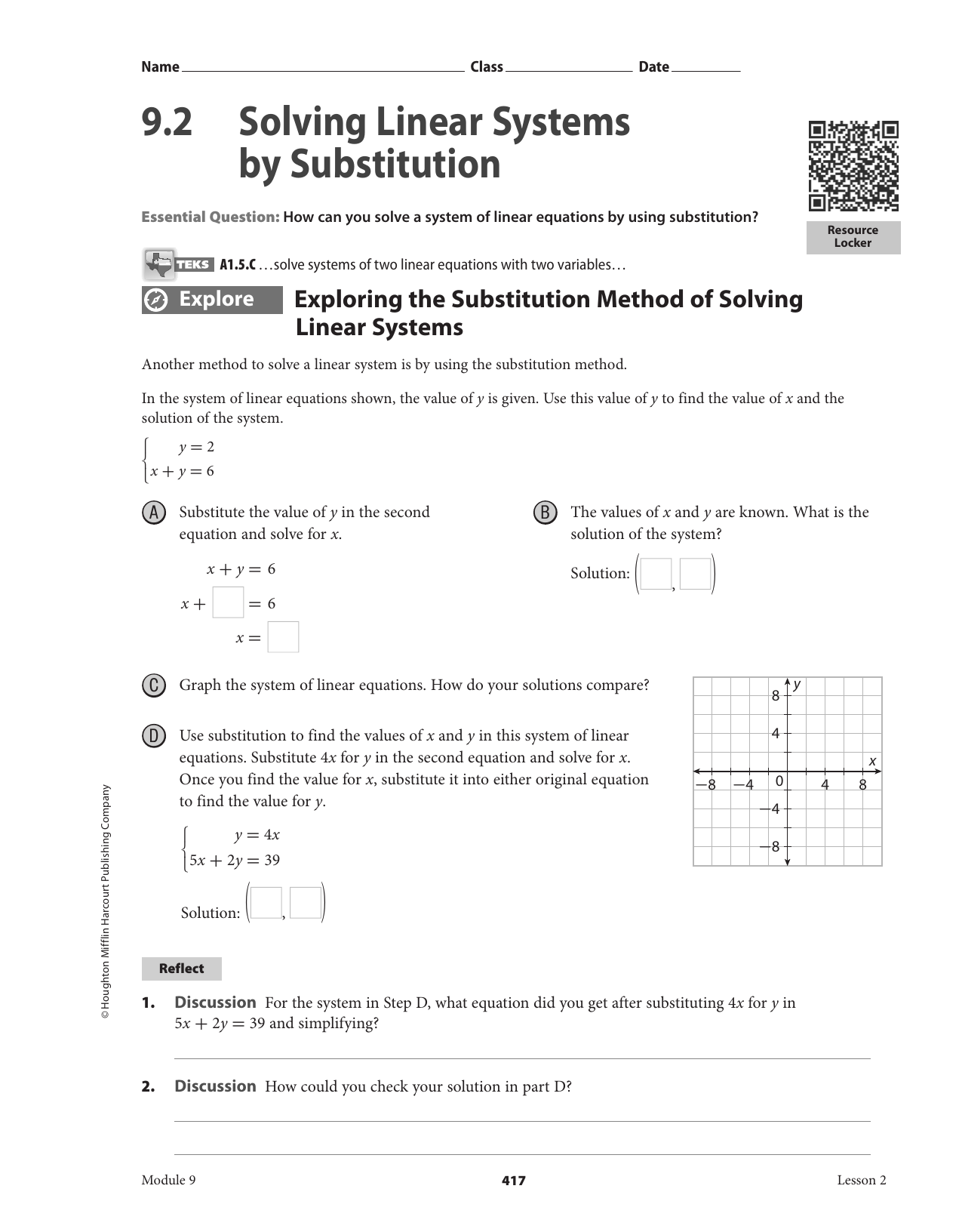 2222 . 22 Solving Linear Systems by Substitution With Regard To Substitution Method Worksheet Answers
