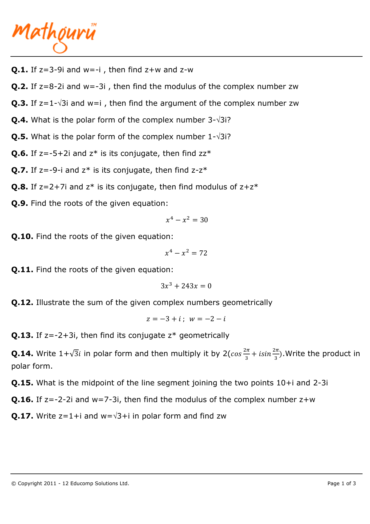 Q 1 If Z 3 9i And W I Then Find Z W And Zw Q 2 If Z 8 2i And W Q 1 If Z 3 9i And W I Then Find Z W And Zw Q 2 If Z 8 2i And W