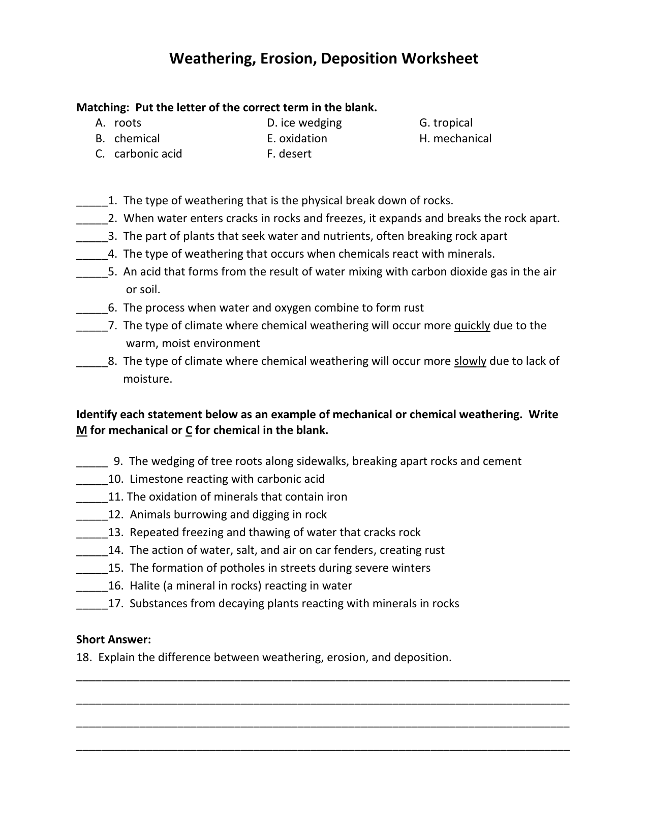 Weathering, Erosion, Deposition Worksheet Inside Erosion And Deposition Worksheet