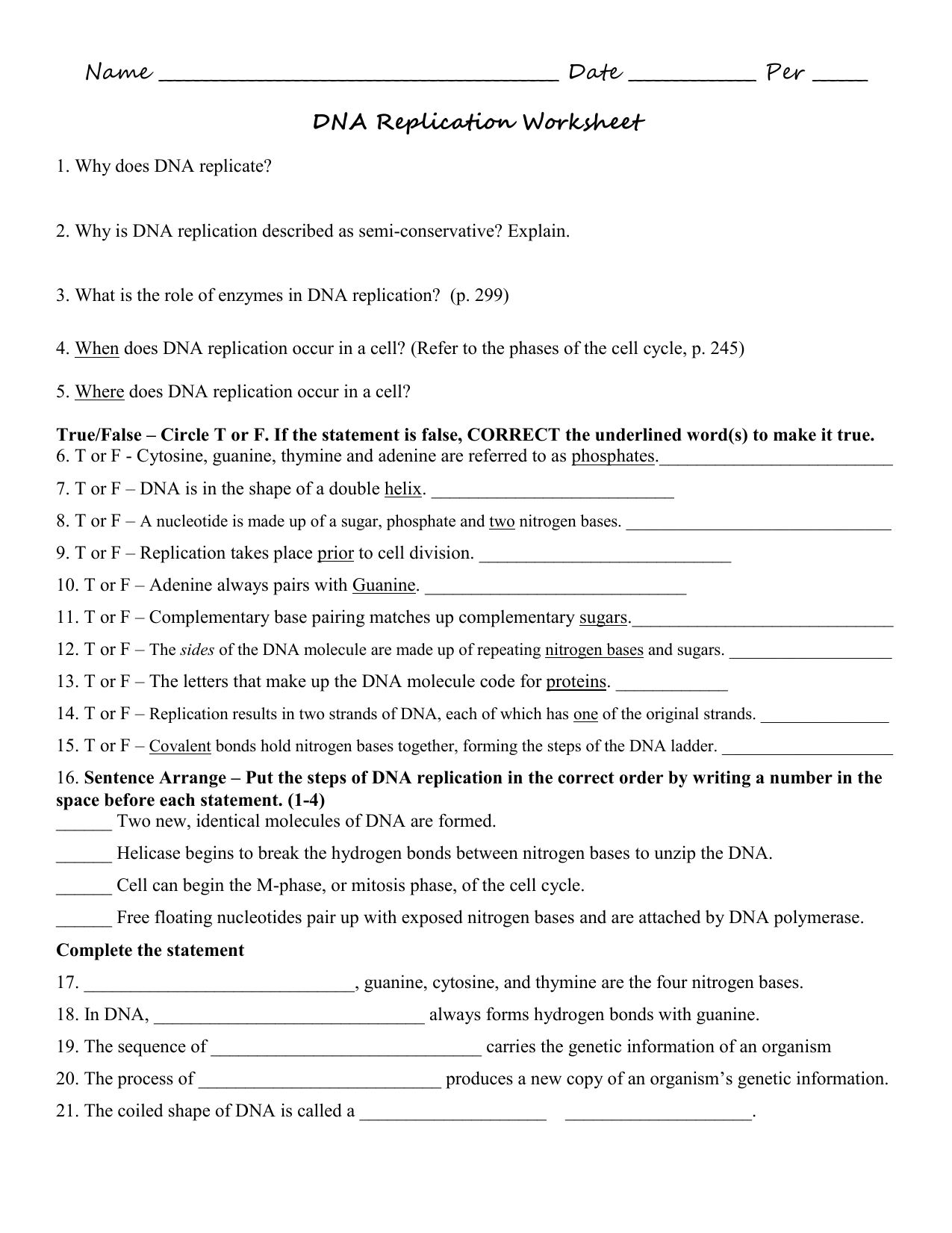 DNA Replication Worksheet In Dna And Replication Worksheet