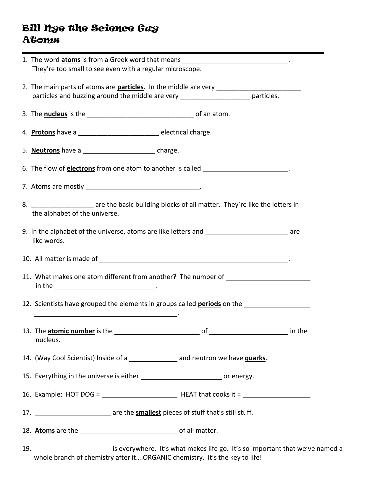 Document Within Bill Nye Atoms Worksheet Answers