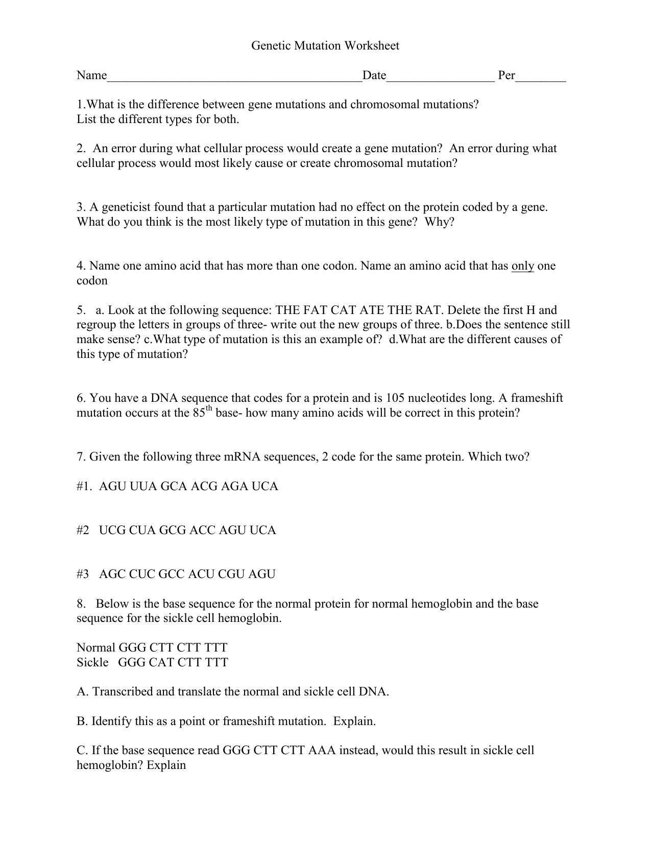 Genetic Mutation Worksheet With Gene And Chromosome Mutation Worksheet