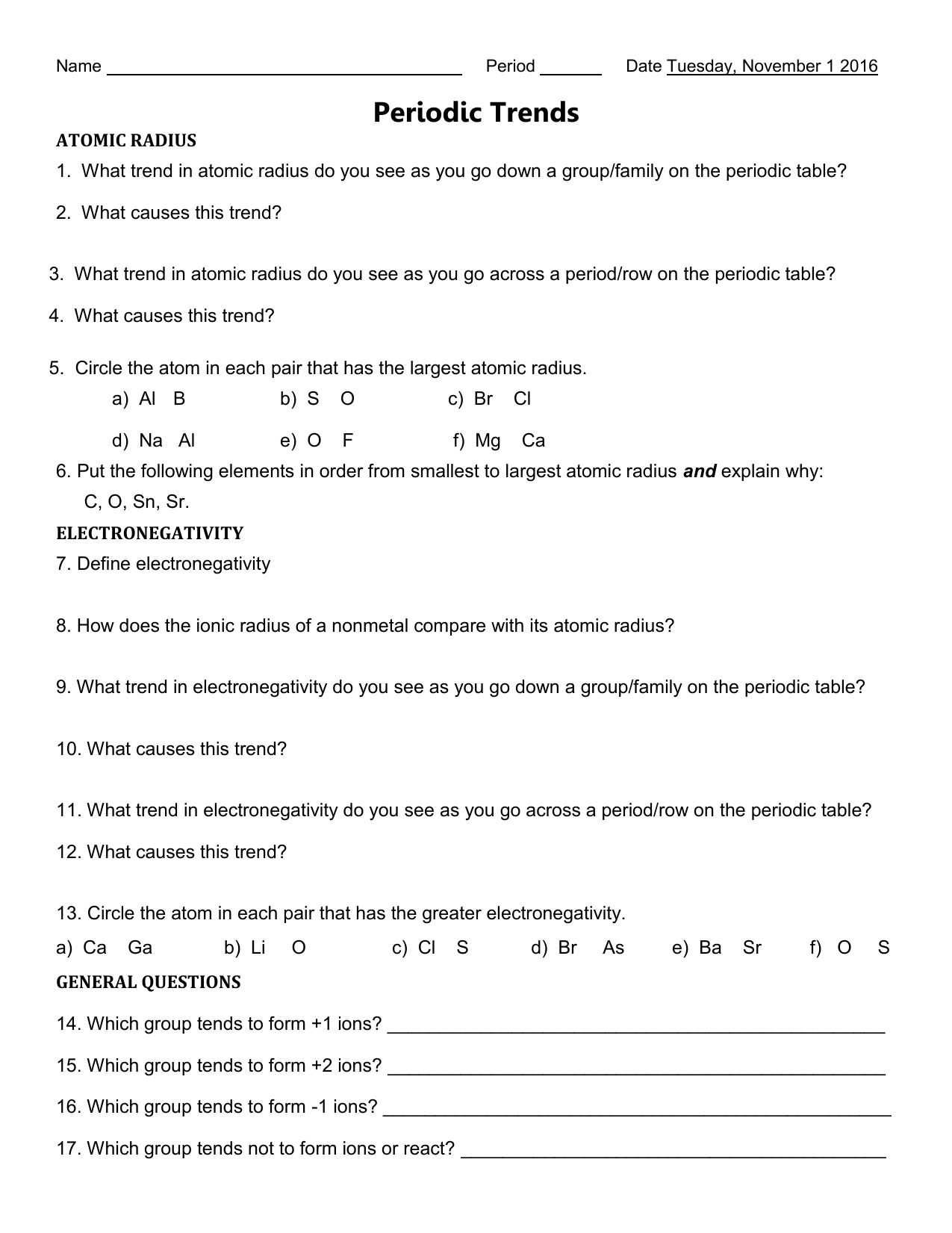 Periodic Trends Worksheet For Periodic Table Worksheet Answers
