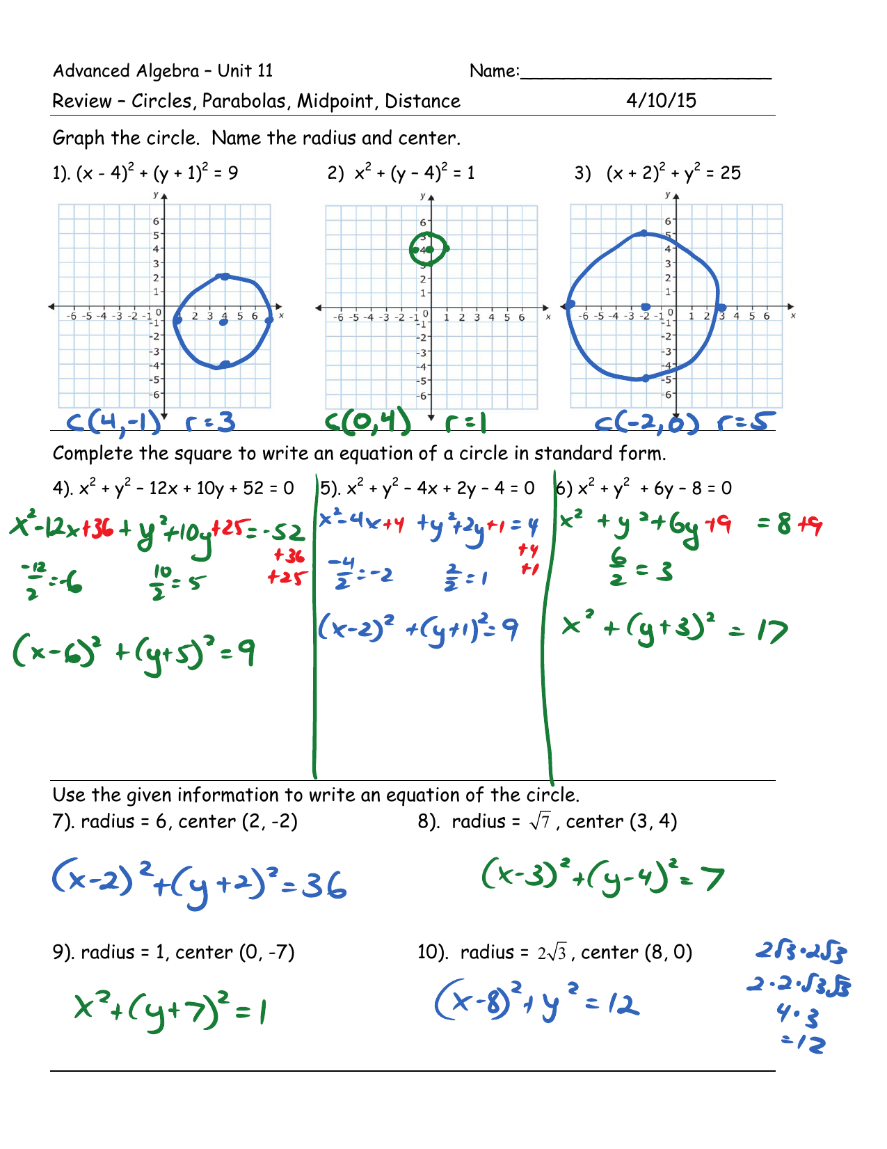 Review Circles Parabolas Midpoint Distance 4 10 15 Graph The Review Circles Parabolas Midpoint Distance 4 10 15 Graph The