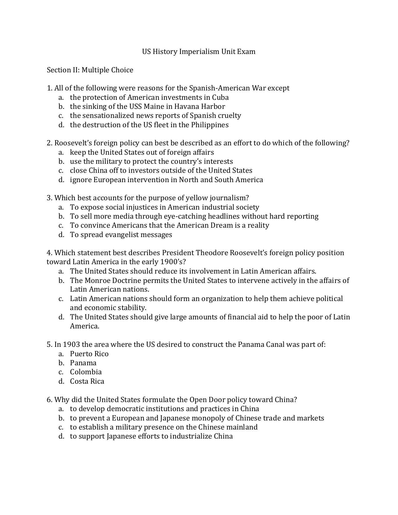 Us History Imperialism Unit Exam Section Ii Multiple