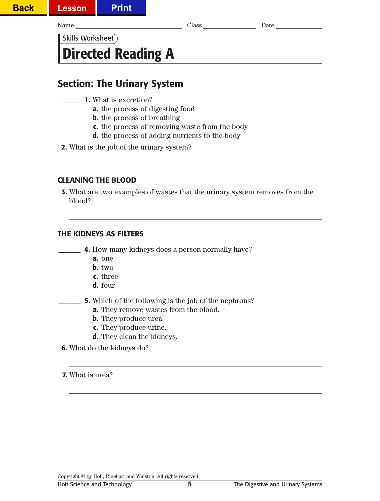 Free Urinary System Human Body Systems Worksheets Human