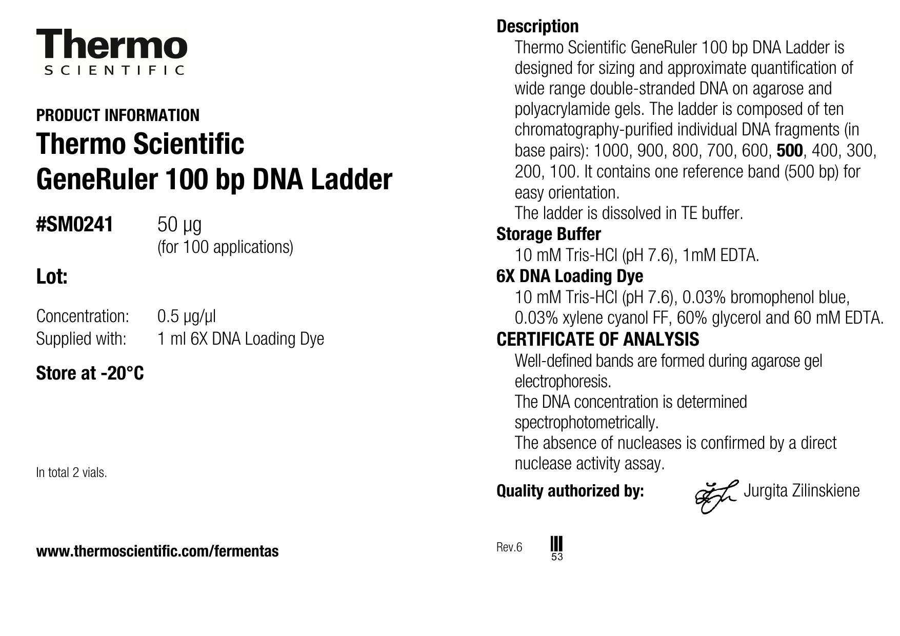 COA: GeneRuler 100 bp DNA Ladder , #SM0241