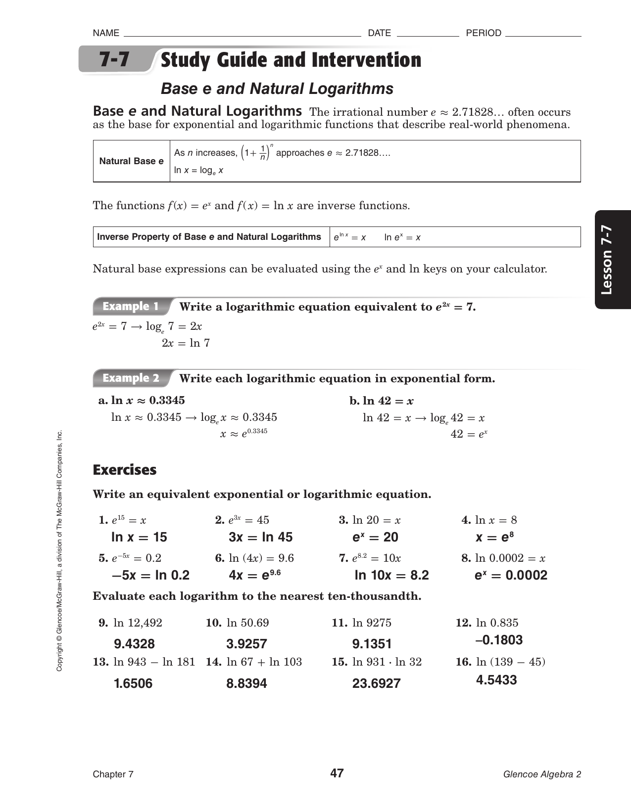7 5 Study Guide And Intervention Properties Of Logarithms Study Poster